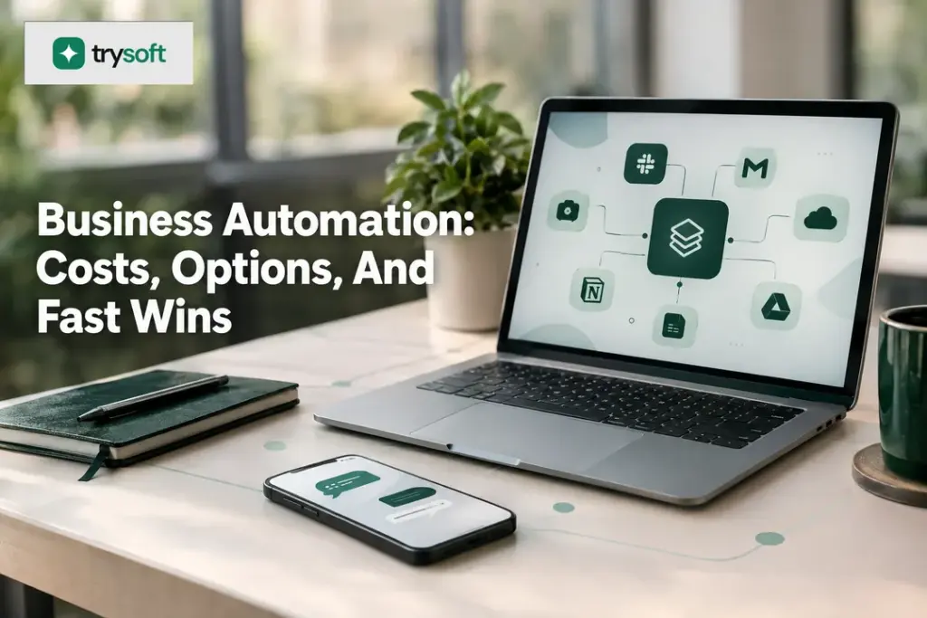Minimal workspace scene showing connected apps and dashboards representing business automation.